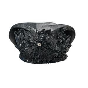 Vintage Deborah New York Wool Hat Beaded Sequin Netting Black Made In USA